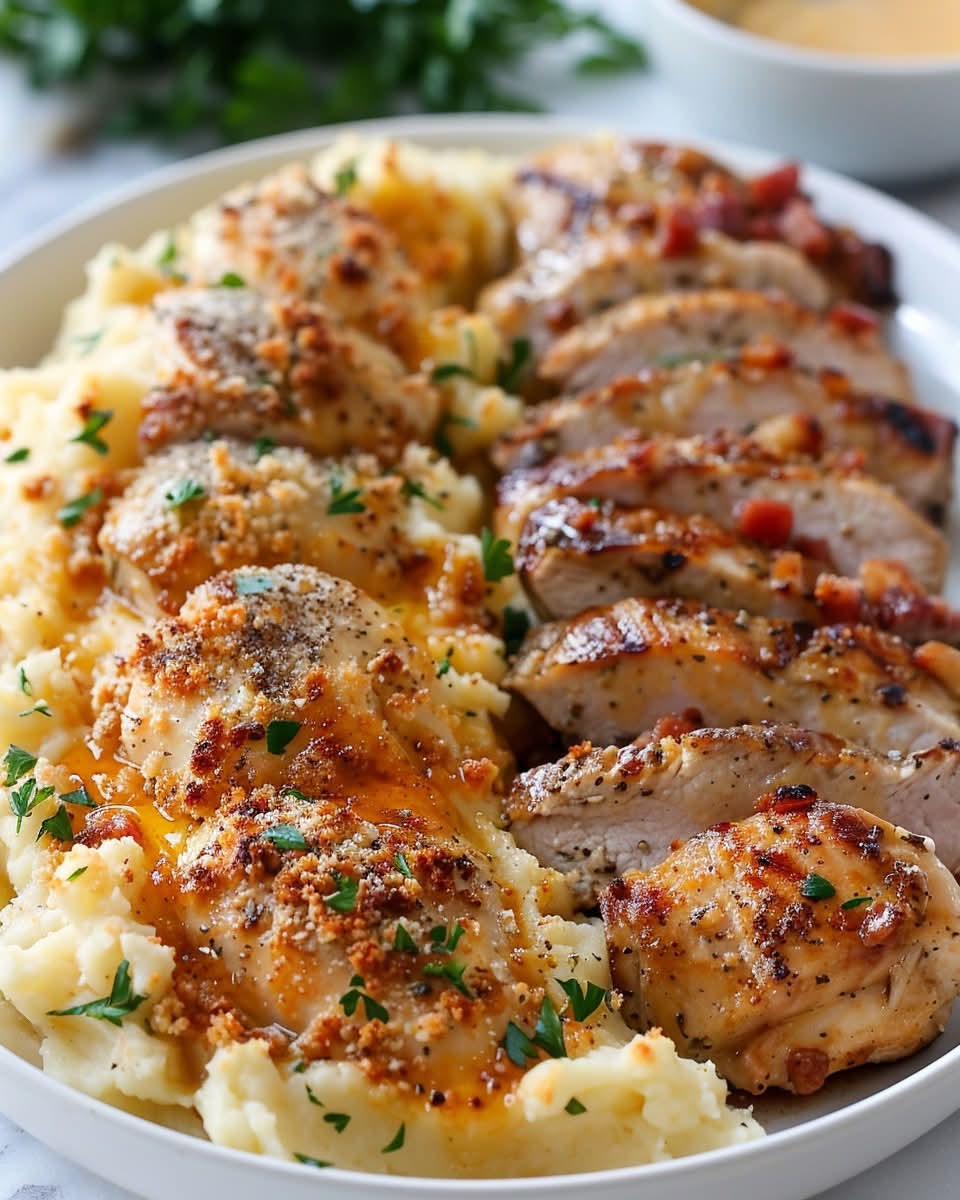 Garlic Parmesan Chicken Tenderloin & Steak Bake with Cheesy Loaded Mashed Potatoes