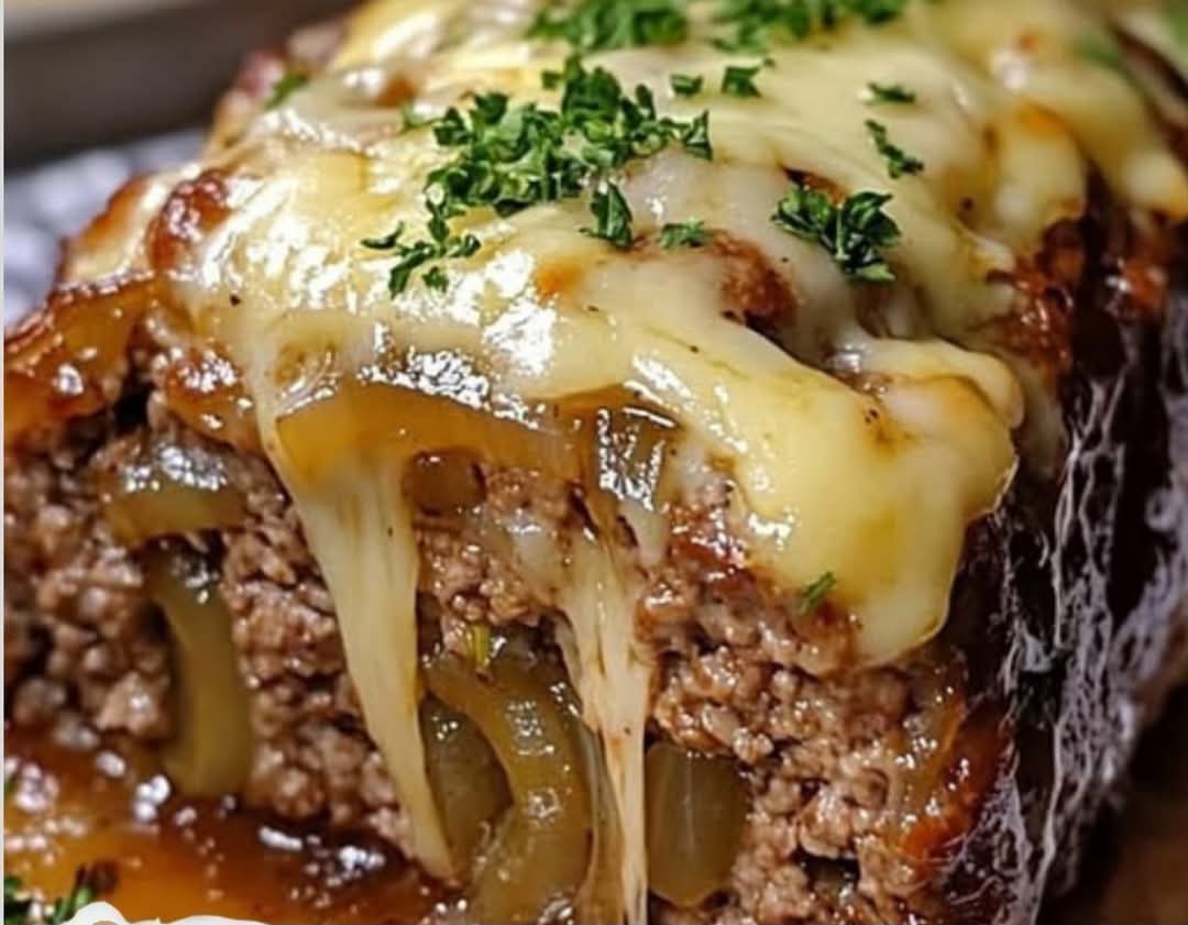 Crockpot French Onion Meatloaf with Melted Swiss Cheese 