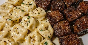 Garlic Butter Steak Bites & Creamy Alfredo Tortellini